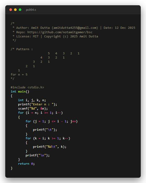 Pattern : 5   4   3   2   1 4   3   2   1 3   2   1 2   1 1 for n = 5